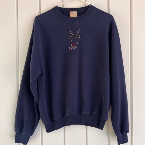 Vintage Callan & Co Embellished Christmas Reindeer Sweatshirt Navy Size Medium - Picture 1 of 5